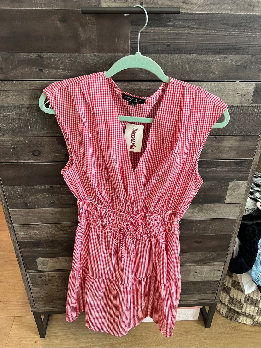 Rachel Zoe Red and White Gingham V-Neck Smocked Mini Dress